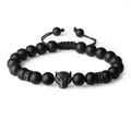 Macro detail of men's black matte bead bracelet featuring a micro-paved leopard head - Matte Black Stone Bracelet (Leopard Head)
