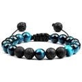 Adjustable blue tiger eye and black lava stone beaded bracelet with woven cord - Blue Tiger Eye and Lava Stone