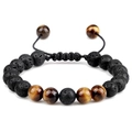 Adjustable 8mm lava stone and tiger eye beaded bracelet with braided black cord - Lava Rock and Yellow Tiger's Eye Bracelet