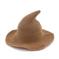 Foldable knitted witch hat in brown featuring a tall pointed top and wavy wide brim - M (56-58cm) / Khaki