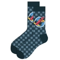 Men's cotton crew socks featuring blue and gray racing car and checkerboard patterns - Racing Car