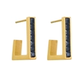 Orecchini a J dorati con pietra quadrata blu scuro su sfondo bianco - Oro Rettangolare a Forma di J / Oro Zircone Nero (G612)