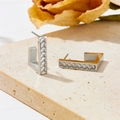 Orecchini a U in acciaio argentato con zirconi rettangolari su pietra beige - Forma a U Argento / Argento Zircone Bianco (G612)