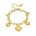 Golden double-layer stainless steel heart charm bracelet with oval link and bead chains - Double Layer Heart Bracelet / Gold