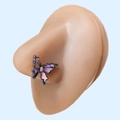 Black butterfly nose ring with purple enamel and white zircon on a silicone model - Black Butterfly Purple Heart