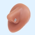 L-shaped silver nose stud with rectangular zircon and bow design on a silicone model - Silver Bowknot Rectangular Gemstone (#30)