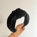 Detailed view of black velvet wide headband featuring a stylish central knotted design - Black