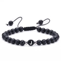 6mm matte onyx beaded bracelet with letter J charm and adjustable black woven cord - Letter J