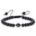 6mm matte black onyx bead bracelet with white letter L and adjustable woven cord - Letter L