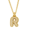 Close-up of gold-plated iced out bubble letter R pendant with sparkling crystals - Letter R