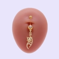 Golden belly button ring with cat pendant and sparkling crystals on navel model - Cat Rhinestone Style