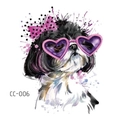 Waterproof temporary tattoo sticker with cute Shih Tzu dog in pink sunglasses, model CC-006 - Dog With Sunglasses And Bow (CC-006)