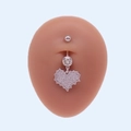 Detailed view of silver stainless steel belly ring featuring a sparkling paved heart pendant - Heart Style (#1)