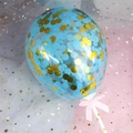5-inch clear birthday balloon topper with blue and gold sequins on a star print stick - Round / Blue Sequin