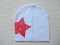 White knitted baby beanie featuring a large vintage red star print for boys and girls - Red Pentagram / White