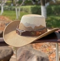 Two-tone western cowboy straw hat with bull head ornament and leather band detail - M (56-58cm) / Camel
