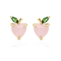 Pink heart-shaped cherry fruit stud earrings with green leaf zircon in gold finish - Pink Apple