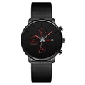 Stylish black men's quartz chronograph watch with date display and Milanese mesh strap - Red Hands Black Strap