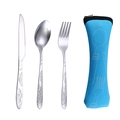 Silver stainless steel cutlery set with blue fabric portable pouch on white background - 3-Piece Set (Knife Fork Spoon) / Blue Floral Set