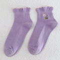 Women's purple cotton knit socks featuring floral embroidery and ruffled edge design - Taro Purple