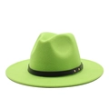 Detailed close-up of fluorescent green wool fedora with black leather band and gold rivets - M (56-58cm) / Fluorescent Green