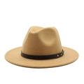 Detail of khaki wool fedora with black leather belt and gold rivet accents on white base - M (56-58cm) / Camel