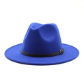 Detail of royal blue wool fedora hat featuring a brown leather band and metal buckle - M (56-58cm) / Sapphire Blue