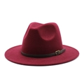 Detail of burgundy wool fedora hat featuring a brown leather band and gold metal buckle - M (56-58cm) / Burgundy