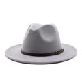 Detail of grey wool felt fedora with a brown leather band and gold metal buckle trim - M (56-58cm) / Light Gray