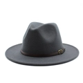 Detail of dark grey wool fedora hat featuring a brown leather band and gold metal buckle - M (56-58cm) / Dark Gray