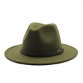 Detail of olive green fedora hat featuring flat brim and brown leather belt buckle strap - M (56-58cm) / Army Green