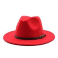 Detail of red wool fedora hat with black leather strap and gold buckle accent - M (56-58cm) / Red