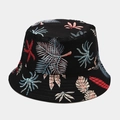 Close-up of black bucket hat featuring vibrant red and blue tropical leaf printing - M (56-58cm) / 1# Black with Red & Blue Leaves