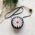Cute black round crossbody bag for girls with large 3D white daisy floral design - Black