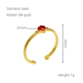 Gold stainless steel open ring featuring a red heart zircon and 18K gold hammer finish - One Size / Red