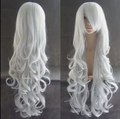 Front and back view of long white curly cosplay wig with bangs made of heat resistant fiber - Silver White