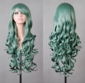 Front and back view of long curly green cosplay wig on head model with grey background - Green