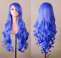 Front and back view of long wavy blue cosplay wig with side bangs on a mannequin - Fluorescent Blue