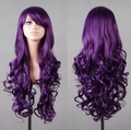 Front and back view of 80cm purple wavy cosplay wig with bangs on a mannequin head - Purple