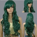 Deep green long wavy cosplay wig with side-swept bangs showing front and back views - Dark Green