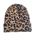 Detail of leopard print knit beanie featuring a folded brim and soft thermal fabric - Leopard Print - Khaki