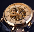Skeleton mechanical watch with gold stainless steel case and black leather strap - Black Strap Gold Dial Gold Accents