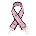 Macro detail of adjustable pink bag strap featuring leopard print stars and gold hardware - Silver Clasp / Pink