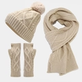 Detailed set of cable knit beanie with pompom, long scarf, and gloves in beige color - Beige