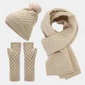 Winter 3-piece beige knit set with pom-pom beanie, scarf, and fingerless gloves - Beige
