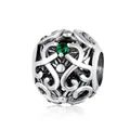 925 sterling silver hollow charm with vintage vine patterns and green gemstone center - Green Gemstone Flower (SCC1511)