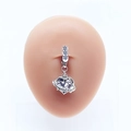 Detailed view of silver heart planet belly ring with opal and zircon on skin model - Silver Heart Planet