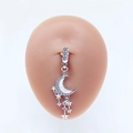 Detail of silver crescent moon belly ring with zircon and opal heart on model - Silver Moon & Star