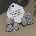 Three-layer silver leaf earrings with shimmering cubic zirconia pavé on a mirror base - Leaf Zirconia / Silver