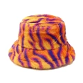 Detailed texture of thick plush faux fur bucket hat with purple and orange zebra patterns - M (56-58cm) / Purple Orange Zebra Print